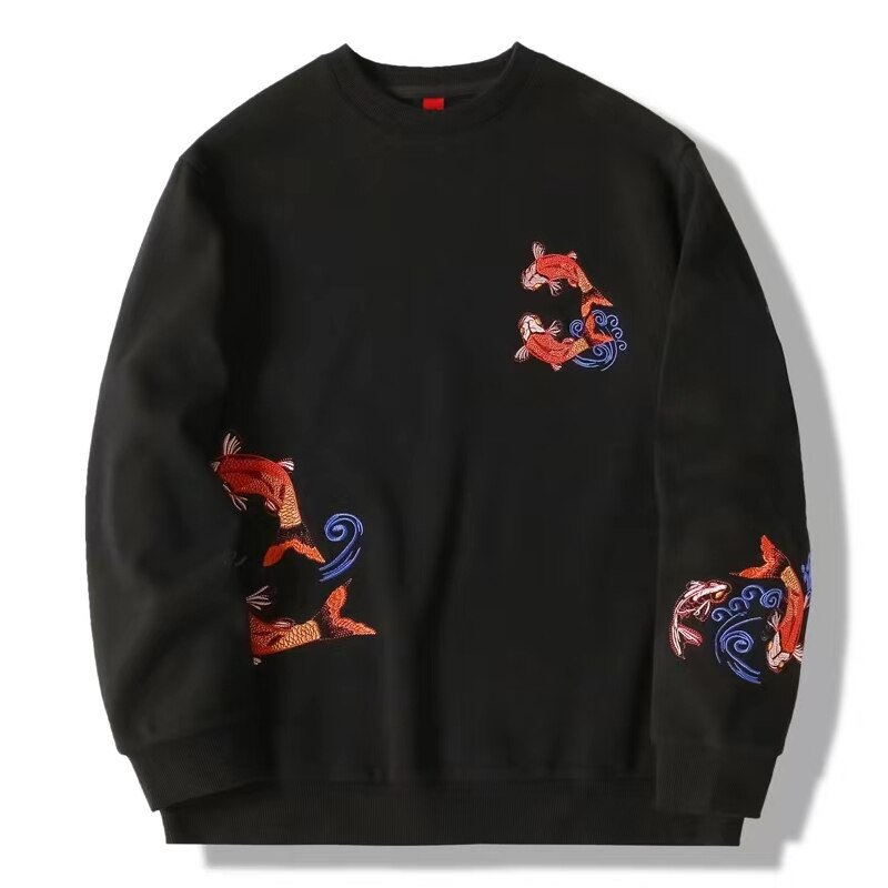 Y2K Black Fish Embroidery Fleece Hoodie - Harajuku Streetwear