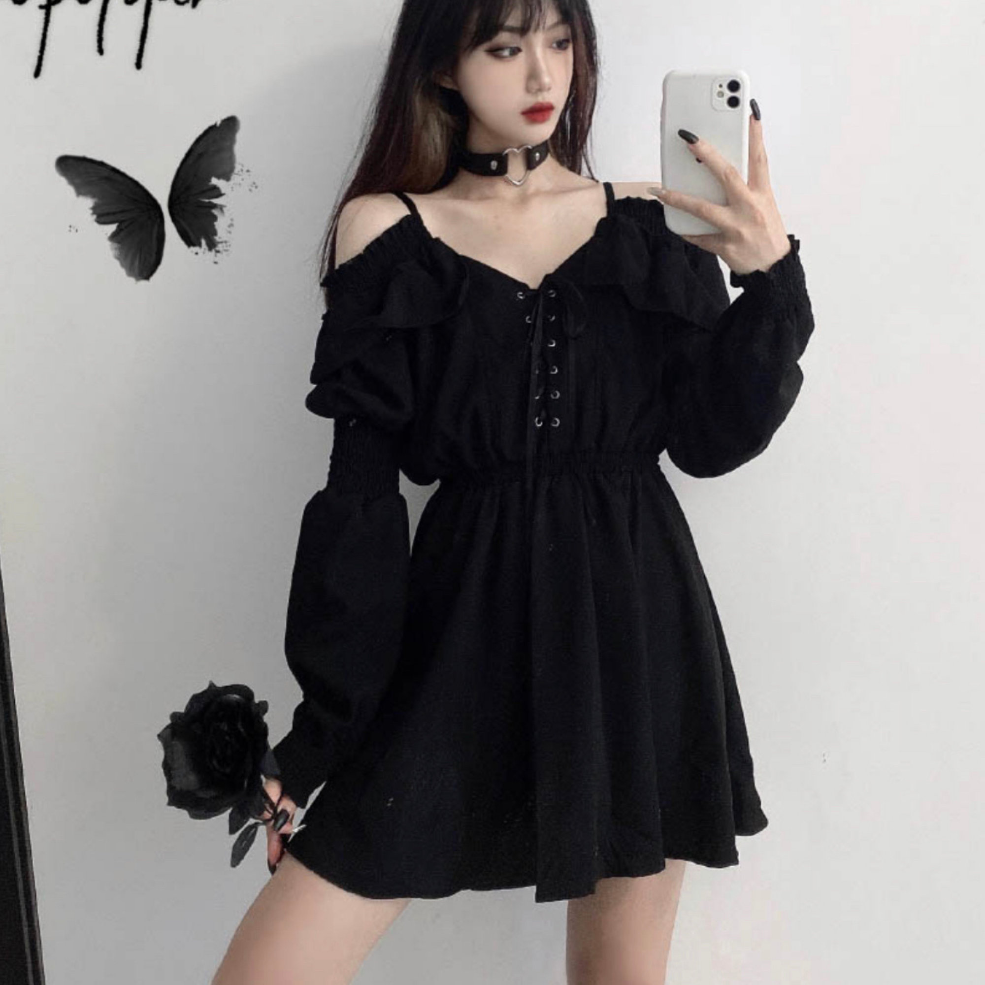 Y2K Black Gothic Mini Dress Summer Goth Style