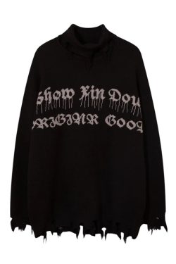Y2K Black Knitted Grunge Sweater - Gothic Style