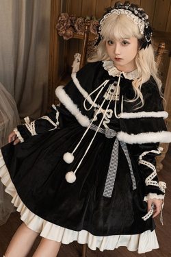 Y2K Black Lolita Dress with Cloak - Winter Fashion Costume for Women