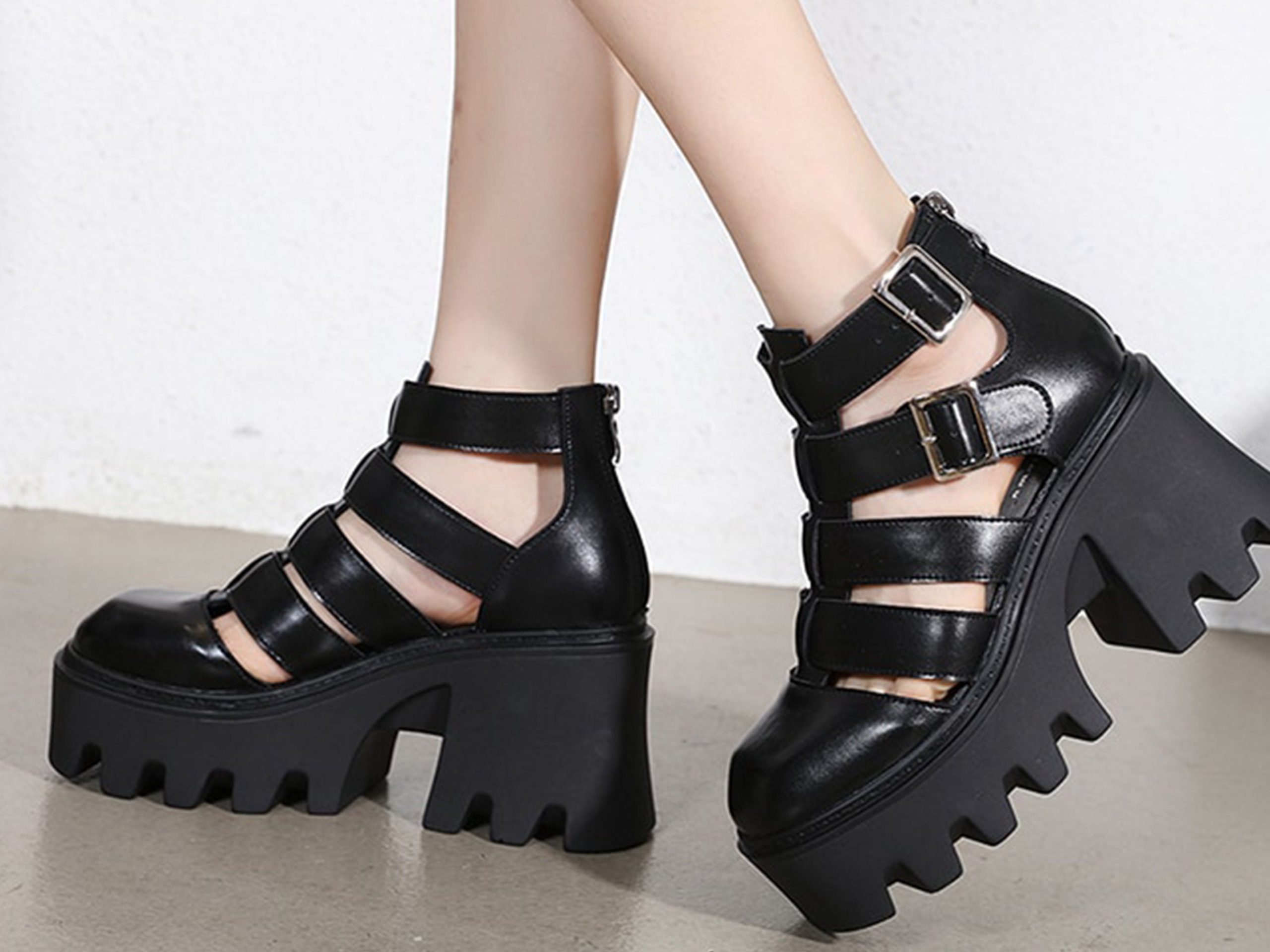 Y2K Black Platform Block Heel Gladiator Sandals
