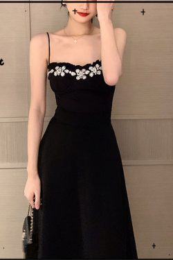 Y2K Black Rhinestone Sling Dress - Elegant and Slimming