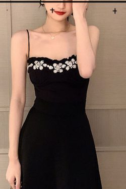 Y2K Black Rhinestone Sling Dress - Elegant and Slimming