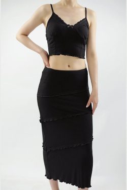 Y2K Black Ribbed Cami Top & Maxi Skirt Matching Set Dress