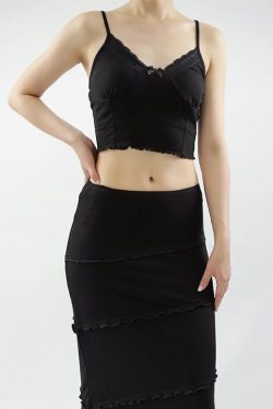 Y2K Black Ribbed Cami Top & Maxi Skirt Matching Set Dress