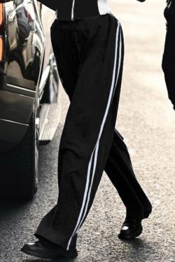 Y2K Black Side Striped Baggy Track Pants for Women