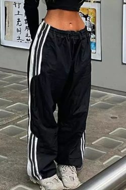 Y2K Black Side Striped Baggy Track Pants for Women