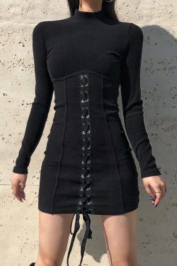 Y2K Black Tie Up Bodycon Dress - Long Sleeve Knitted Mini Dress