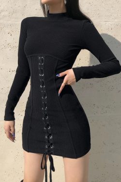 Y2K Black Tie Up Bodycon Dress - Long Sleeve Knitted Mini Dress