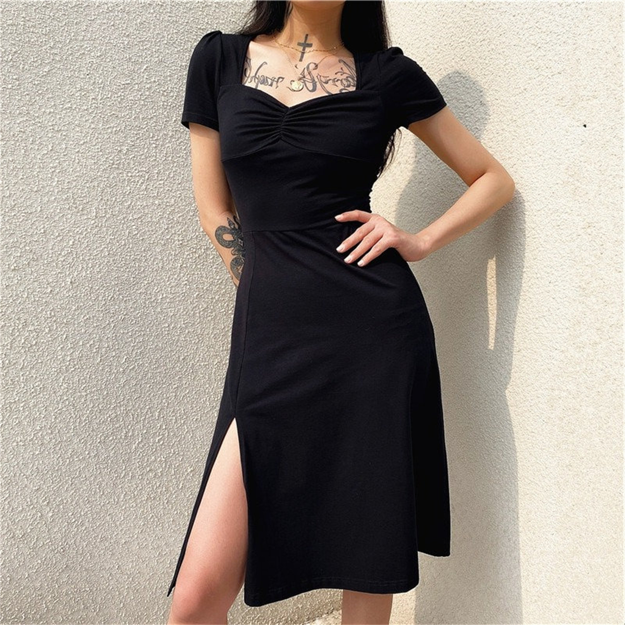 Y2K Black V-Neck Midi Dress - Short Sleeve & Trendy