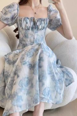Y2K Blue Floral Maxi Dress with Bubble Sleeves & Lace Up