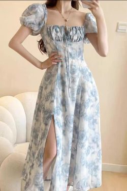 Y2K Blue Floral Maxi Dress with Bubble Sleeves & Lace Up