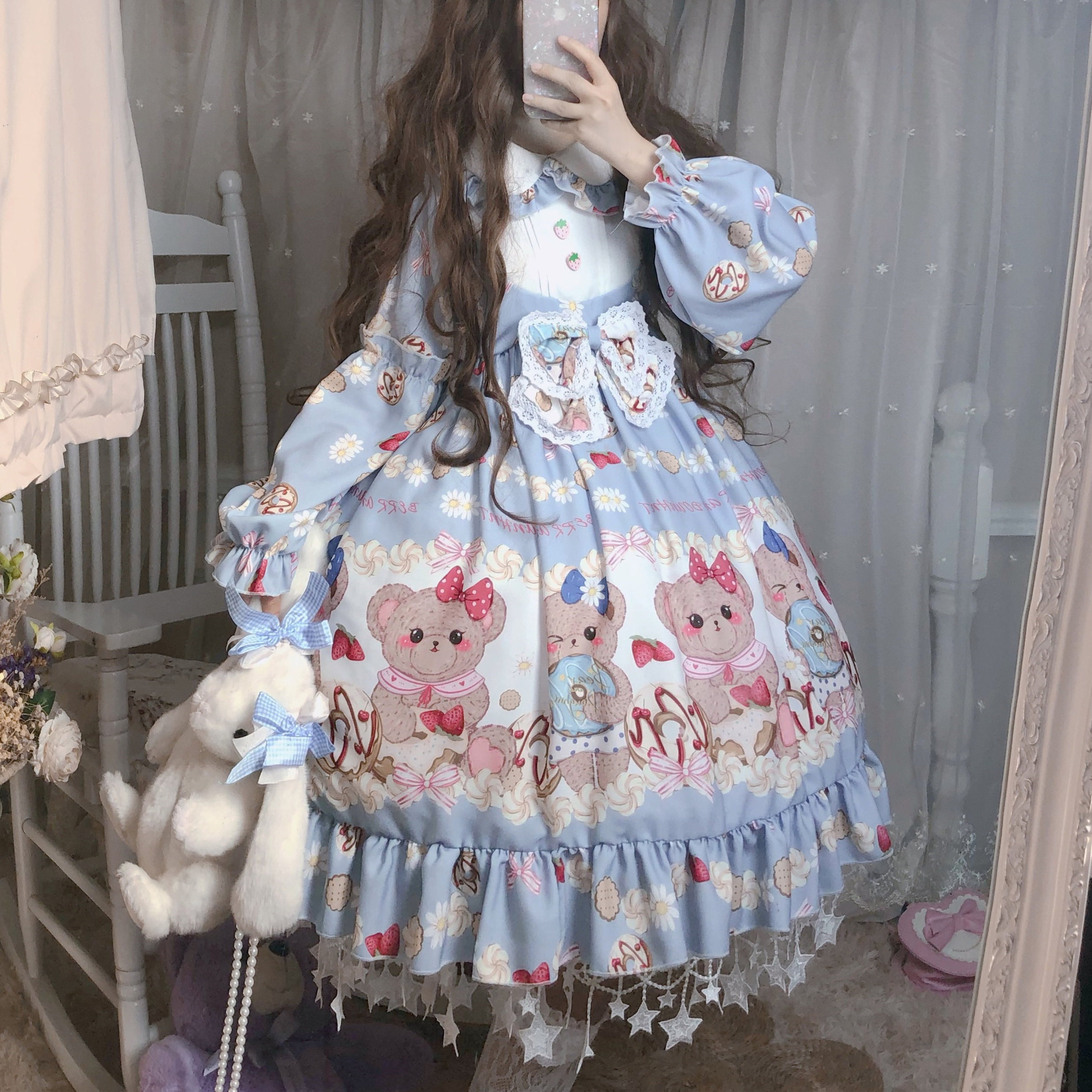 Y2K Blue Lolita Bear Ruffle Bowknot Babydoll Princess Dress