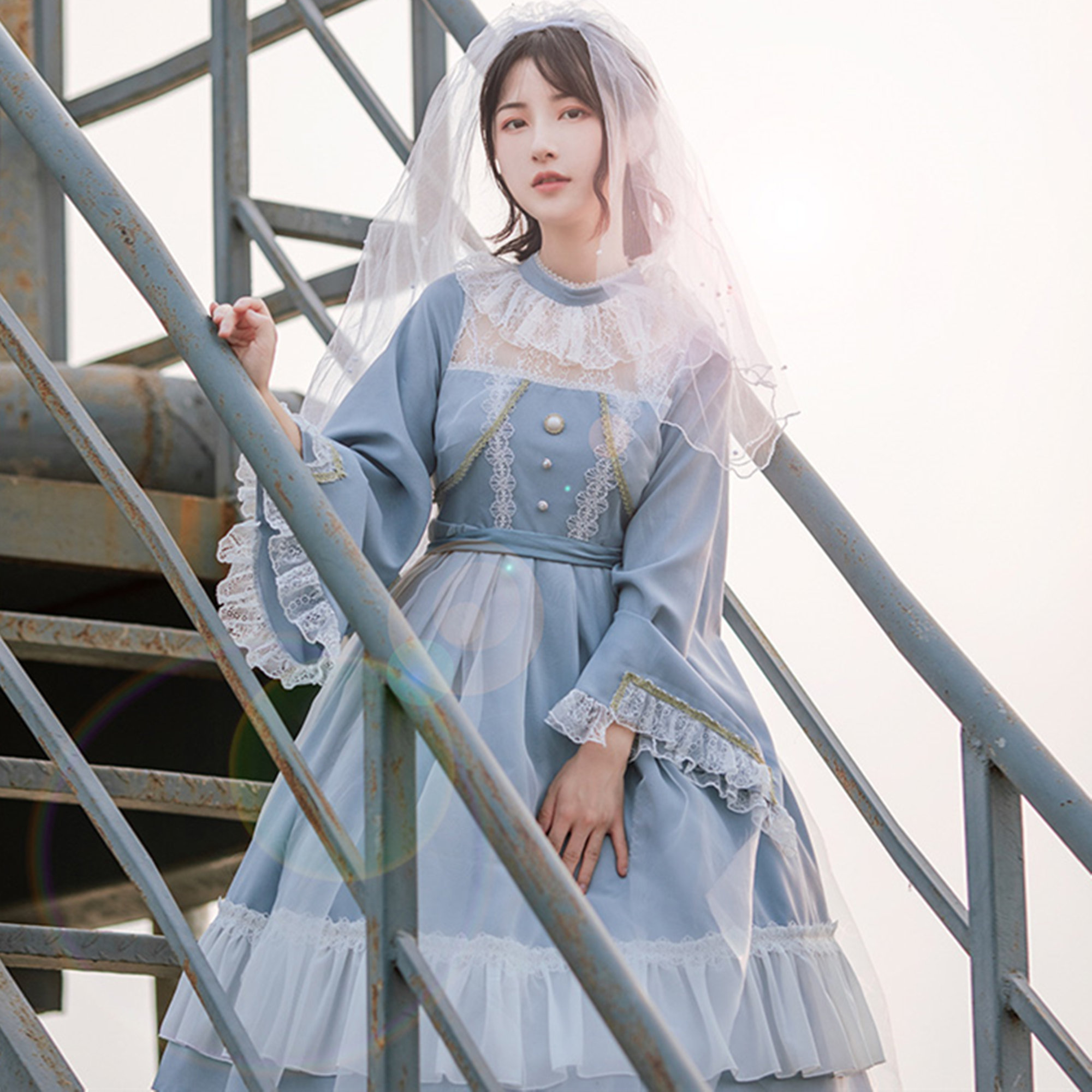 Y2K Blue Lolita Lace Ruffle Prom Princess Dress