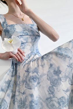 Y2K Blue Rose Fairy Floral Tulle Midi Dress