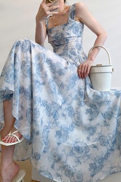 Y2K Blue Rose Fairy Floral Tulle Midi Dress