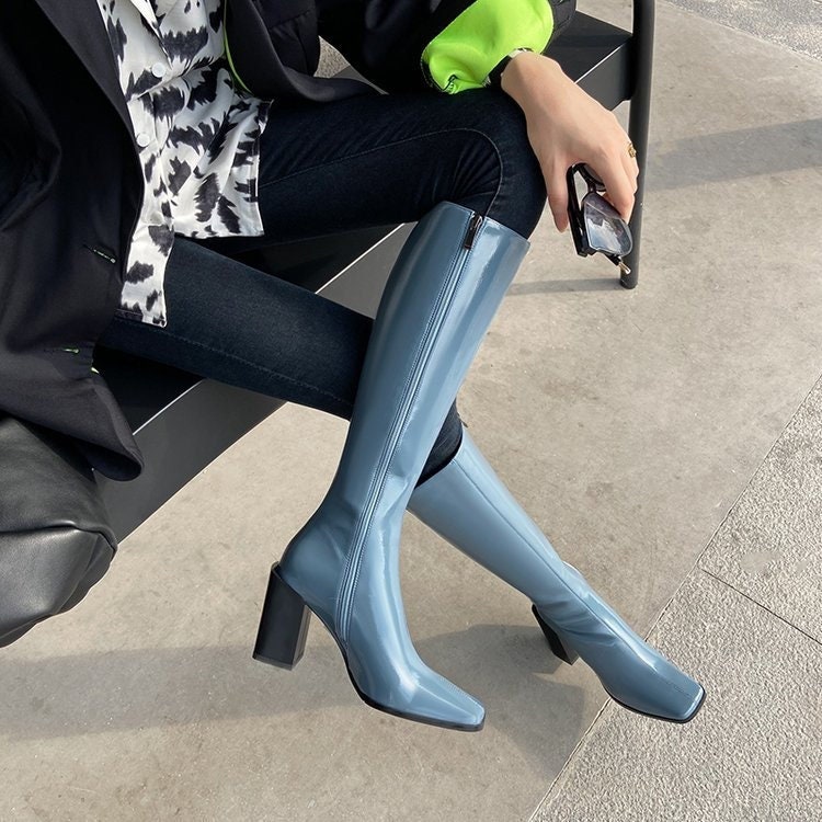 Y2K Blue Square Toe Knee High Fashion Boots