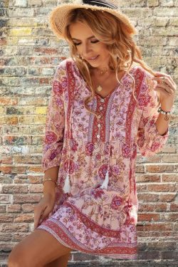 Y2K Bohemian Floral Print V-Neck Mini Summer Dress