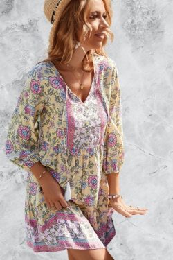 Y2K Bohemian Floral Print V-Neck Mini Summer Dress