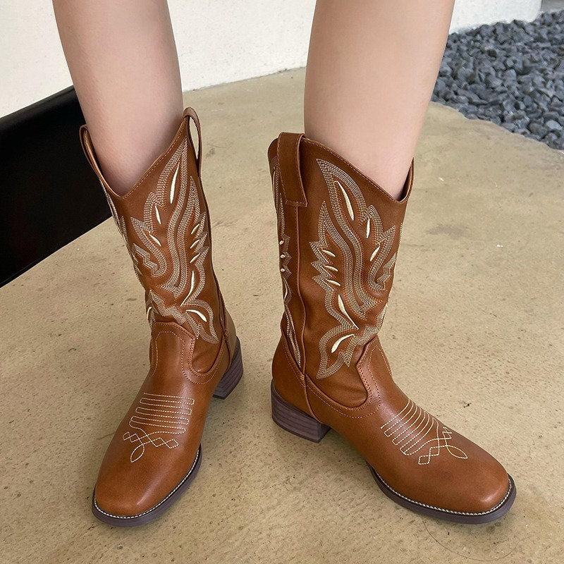 Y2K Brown & Cream Western Cowboy Fashion Boots