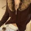 Y2K Brown Fur Knitted Double Zip Fashion Jacket