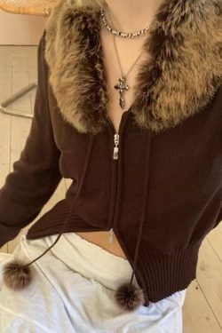 Y2K Brown Fur Knitted Double Zip Fashion Jacket