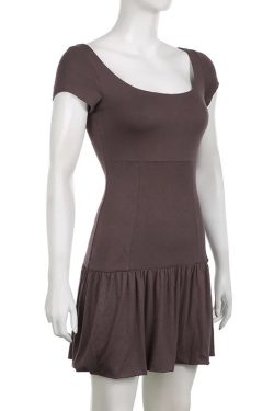 Y2K Brown Mini Dress Short Sleeve Summer Streetwear