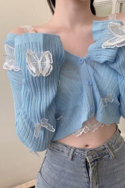 Y2K Butterfly Knit Cardigan, Korean V-Neck Summer Streetwear