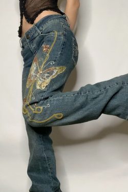 Y2K Butterfly Print Grunge Jeans - Vintage Style