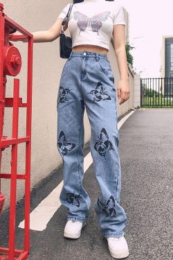 Y2K Butterfly Printed High Waisted Denim Pants