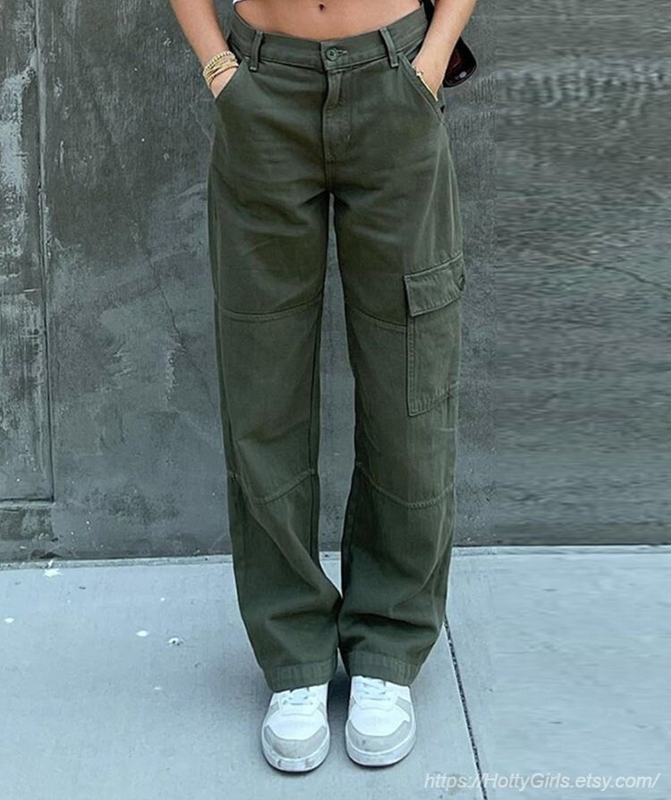 Y2K Cargo Jeans - Street Style, Green, High Waist, Wide Leg