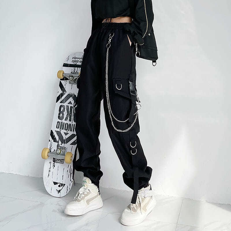 Y2K Cargo Trousers with Chain - Harajuku Gothic Kawai Fashion