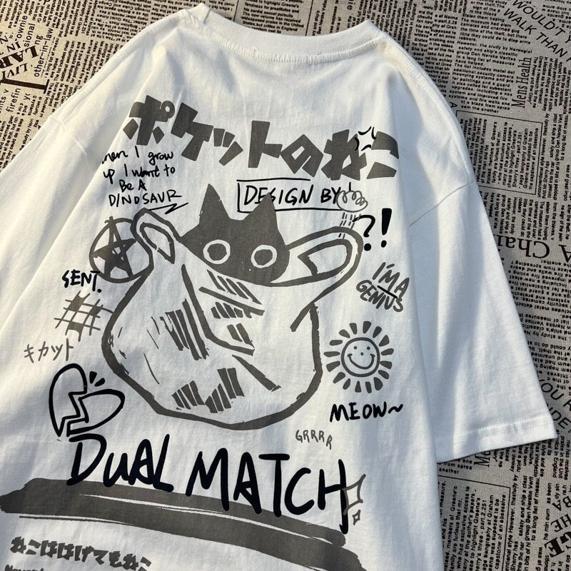 Y2K Cartoon Cat Print T-Shirt - Harajuku Kawaii Streetwear