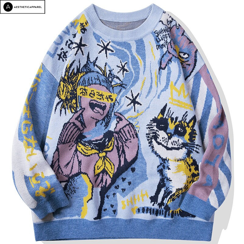 Y2K Cartoon Cat Sweater - Trendy Fashion for Y2K Clothing