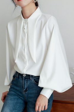 Y2K Casual Office Blouse with Puffed Sleeves for Women