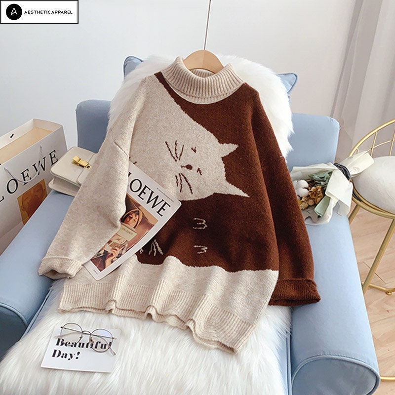 Y2K Cat Pattern Knitted Turtleneck Sweater - Harajuku Streetwear