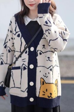 Y2K Cat Pattern V Neck Sweater - Animal Print Knit Cardigan