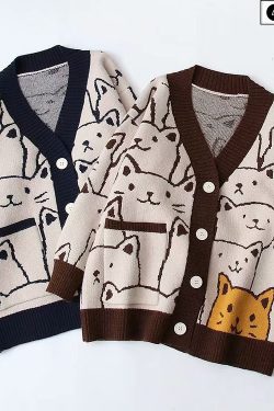 Y2K Cat Pattern V Neck Sweater - Animal Print Knit Cardigan