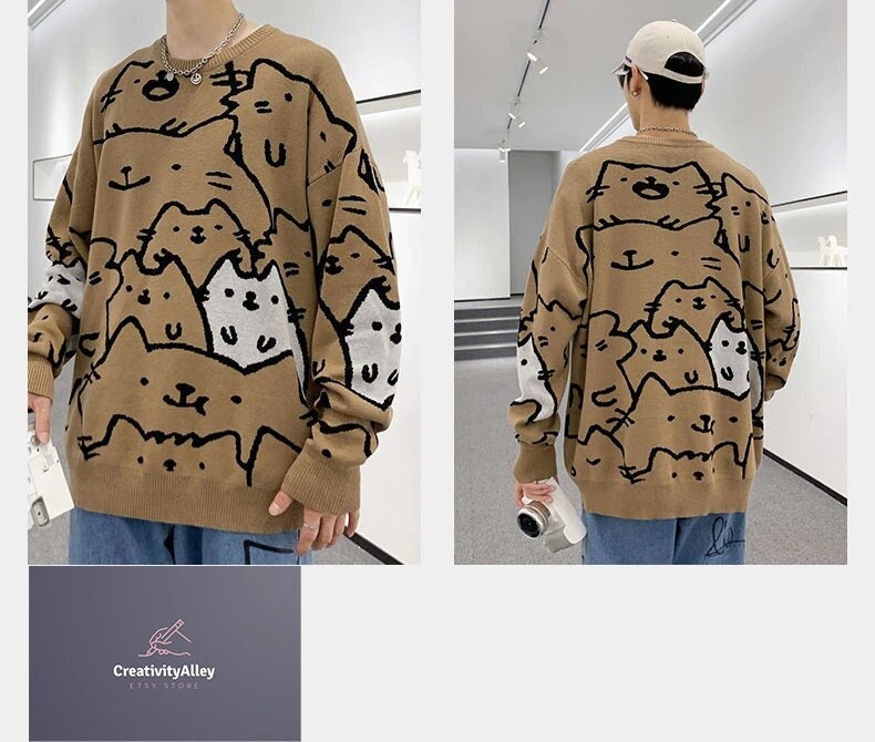 Y2K Cat Print Sweater - Unisex Cotton Pullover for Women
