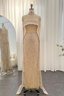 Y2K Champagne Bridesmaid Dress with Cape - Luxury Pearl Wedding Dress