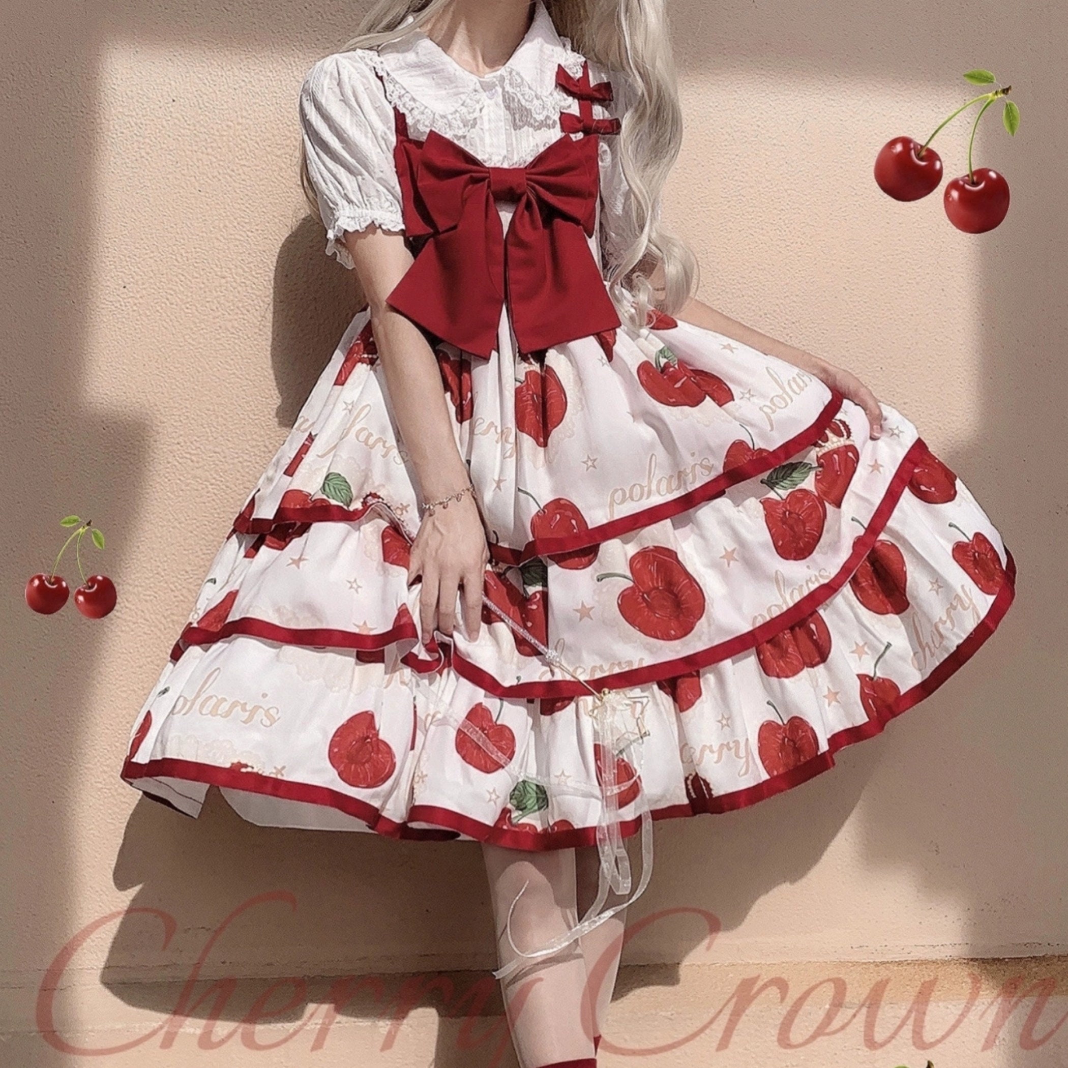 Y2K Cherry Print Lolita Ruffle Summer Tea Party Dress