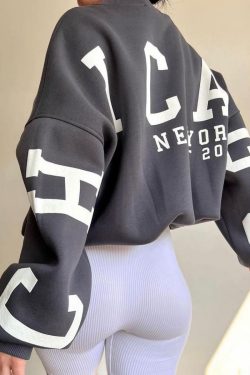 Y2K Chicago Print Grunge Sweatshirt - Thickened Long Sleeve Hoodie