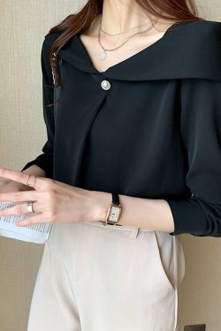 Y2K Chiffon Office Blouse - Elegant Long Sleeve Women's Shirt