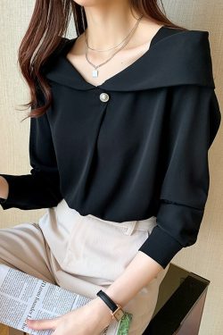 Y2K Chiffon Office Blouse - Elegant Long Sleeve Women's Shirt