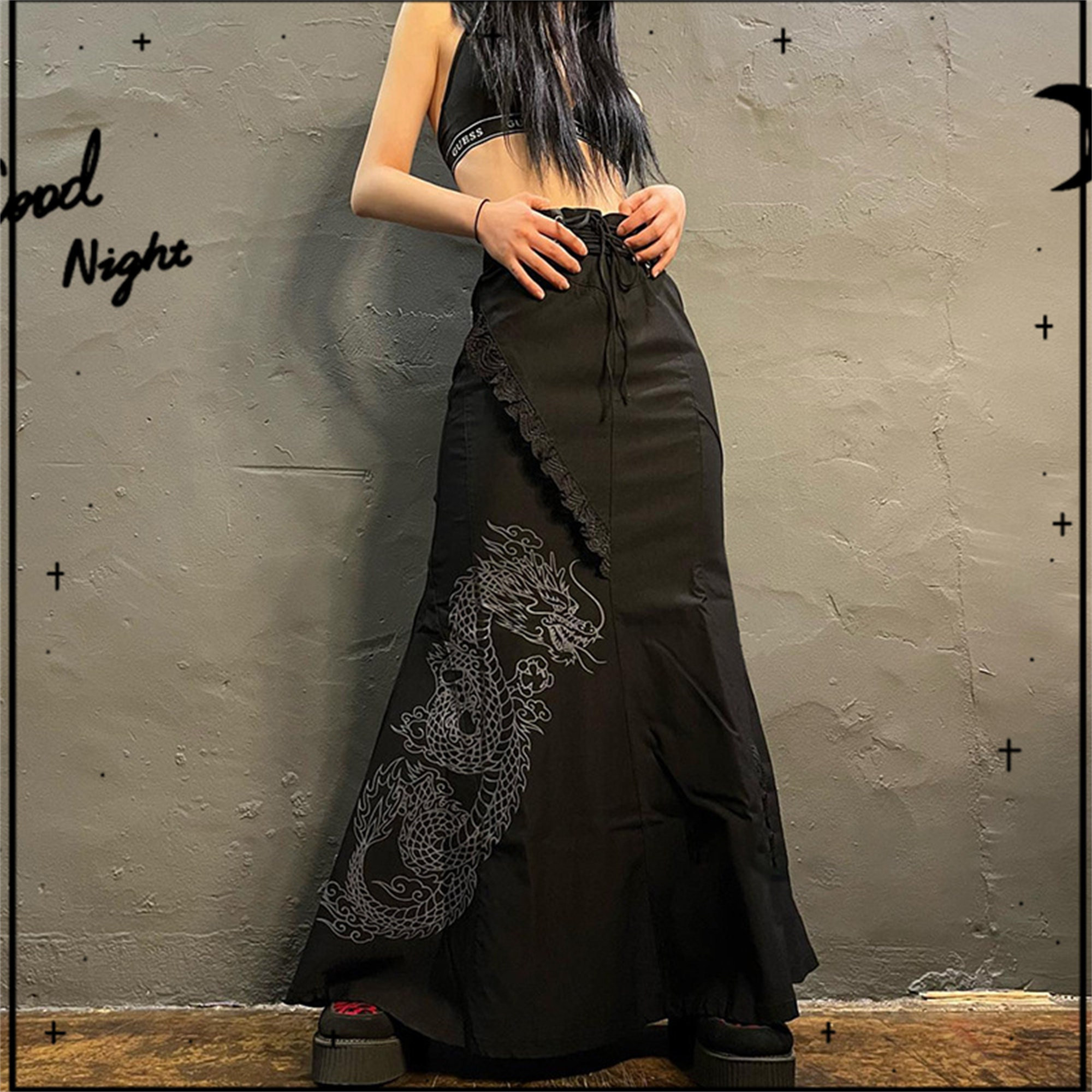 Y2K Chinese Dragon Printed High Waisted Long Skirt