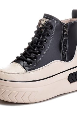 Y2K Clothing: Black & White Platform Wedge Heel High Top Sneakers
