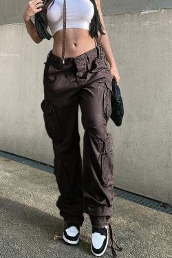 Y2K Clothing Low Waist Cargo Pants Khaki Streetwear Denim Trousers