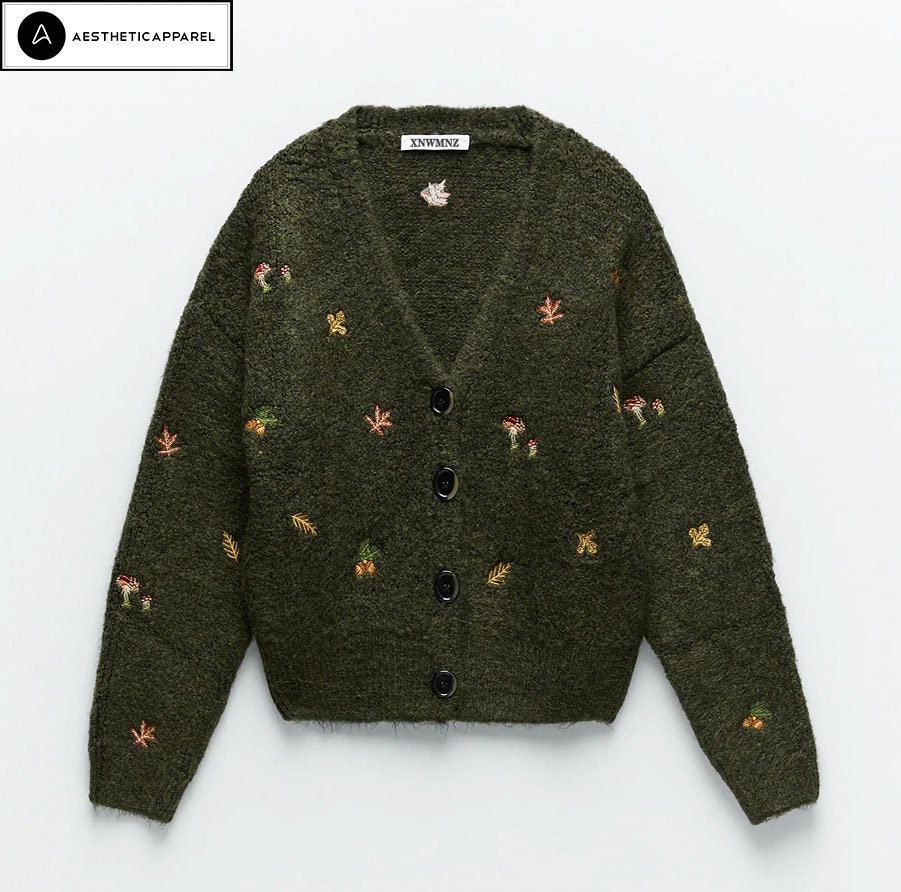 Y2K Cottagecore Embroidered V-Neck Cardigan Sweater