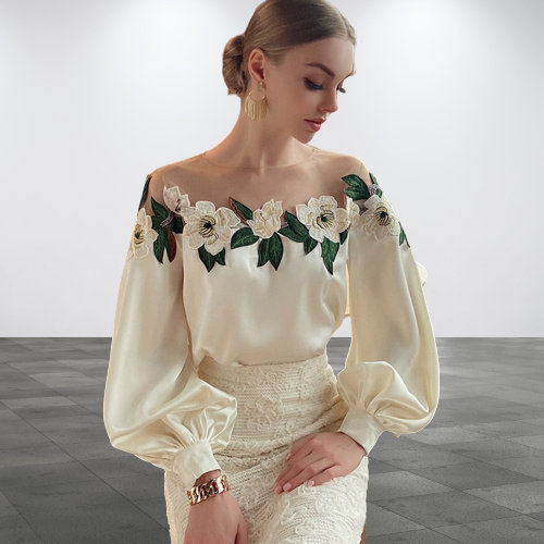 Y2K Cottagecore Floral Blouse - Women Chiffon Embroidery