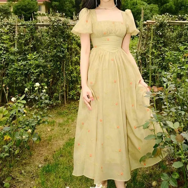 Y2K Cottagecore Spring Dress Daisy Long Dress Fairy Green Dress